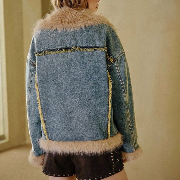 Blue Casual Women's Faux Fur Trim Raw Hem Denim Jacket - Picture 2 of 7